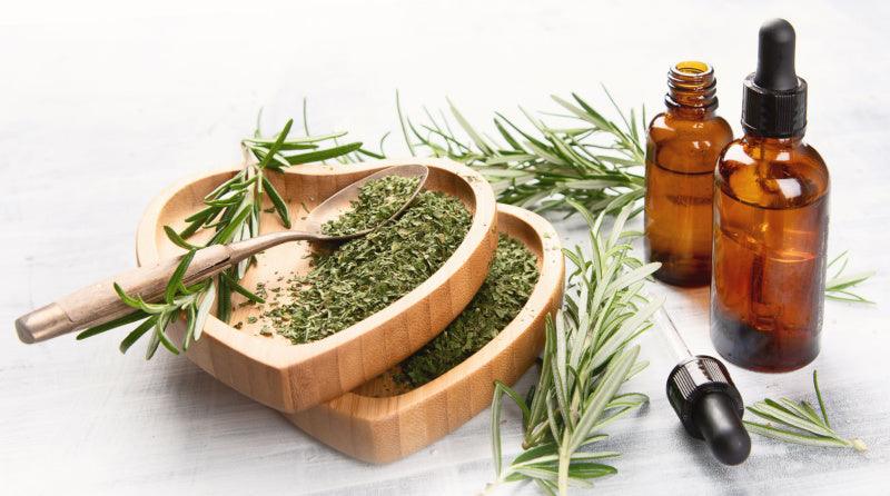 Rosemary essential oil bottles and springs of rosemary